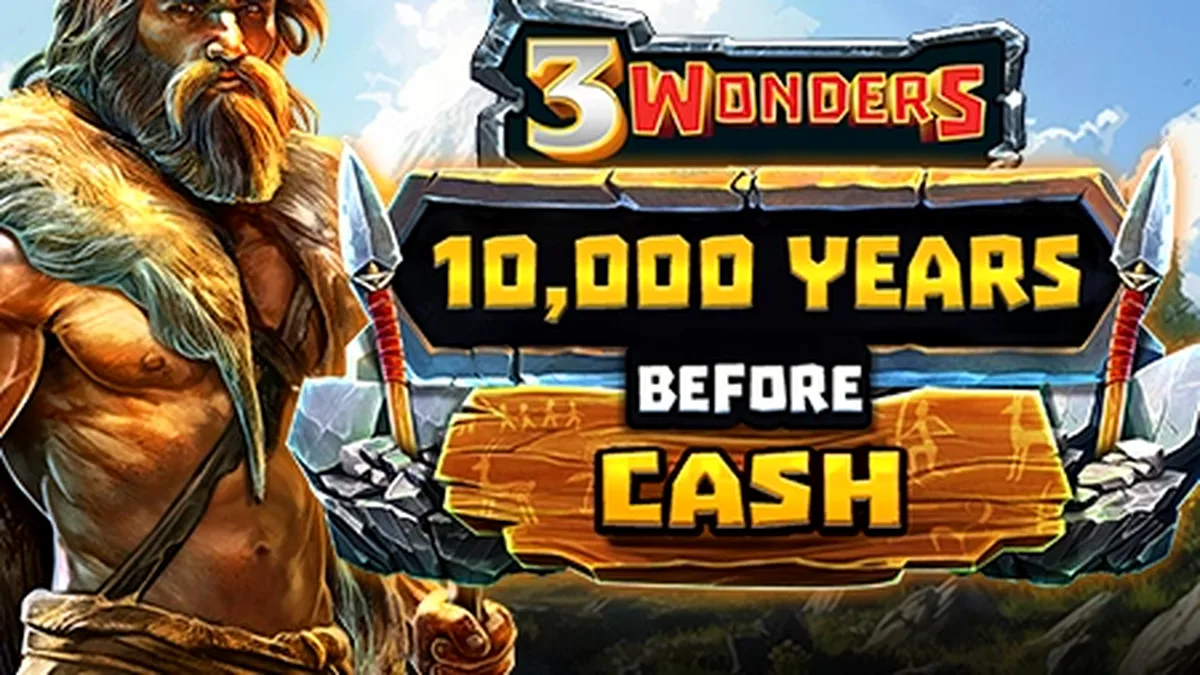 Interface do jogo de slot 10,000 Years Before Cash com temática pré-histórica