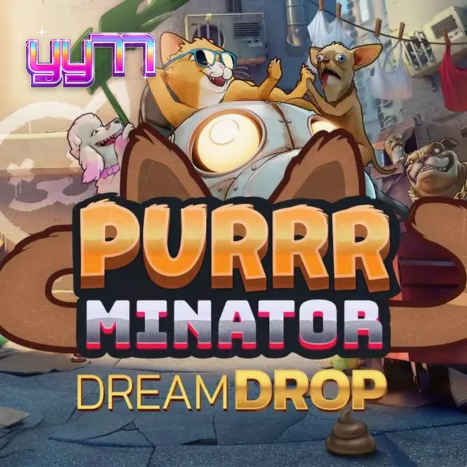 O herói felino de Purrrminator Dream Drop em um cenário cyberpunk neon